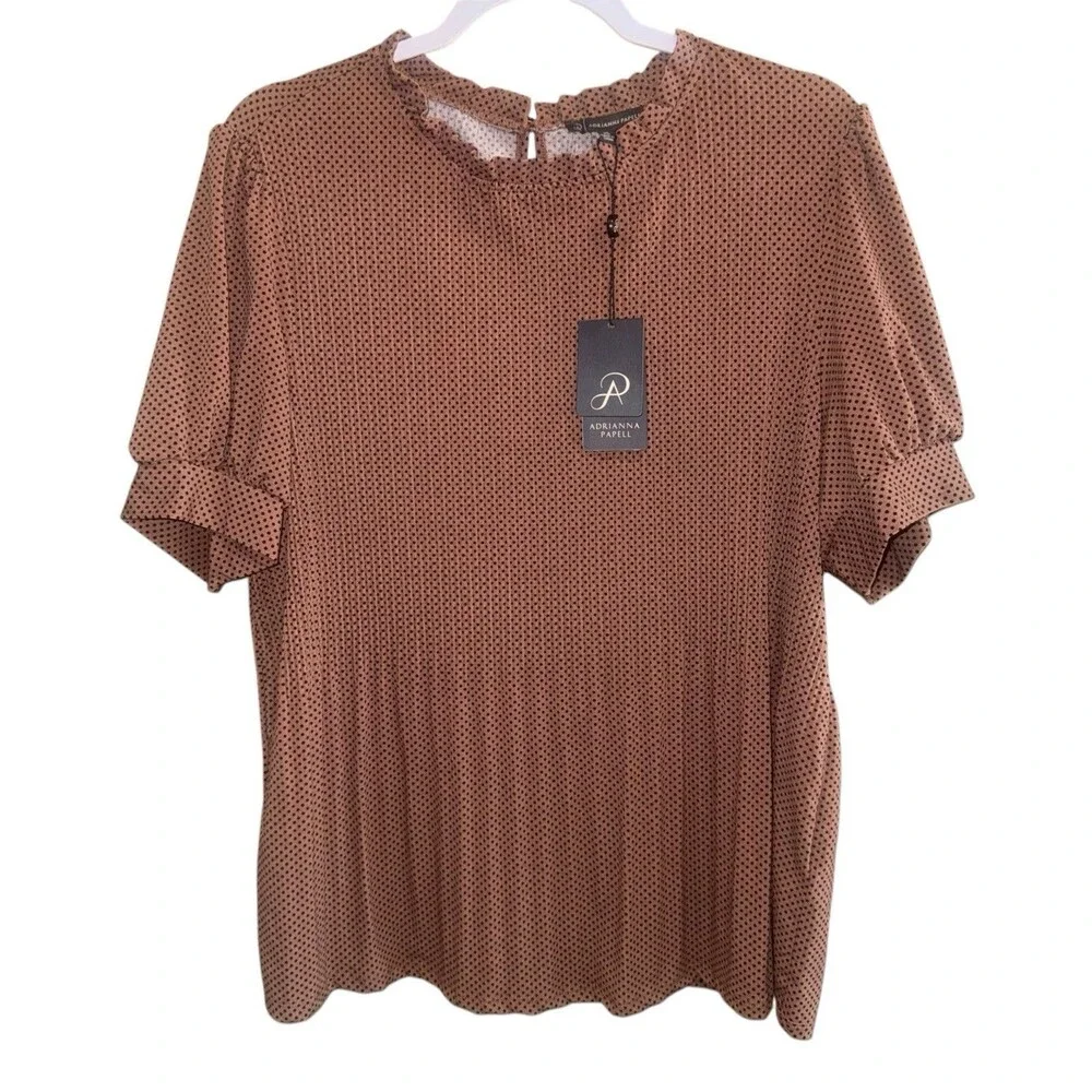 NWT Adrianna Papell Polka Dot Print Ruffle Neck Puffed Sleeve Pleated Top XL $69